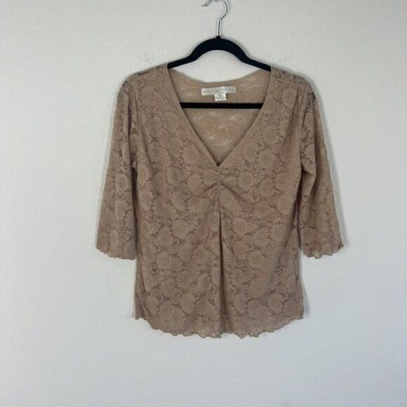 Bettie Page Retro Pin-up Nude Beige Floral Lace Blouse Sheer Back Top Large - Picture 1 of 11